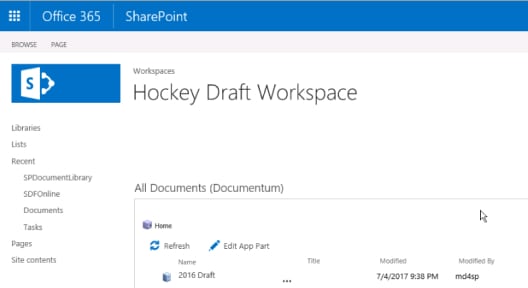 Screenshot of Documentum content appearing in the Microsoft SharePoint UI